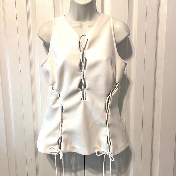 Kendall & Kylie Tops - Kendall & Kylie-Lace Up Drawstring-Small-Sleeveless-Cut Outs-Stretch-White-Zip